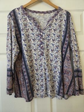 Style&Co Lightweight Cream Floral Henley Tunic with Blue and Brown Paisley